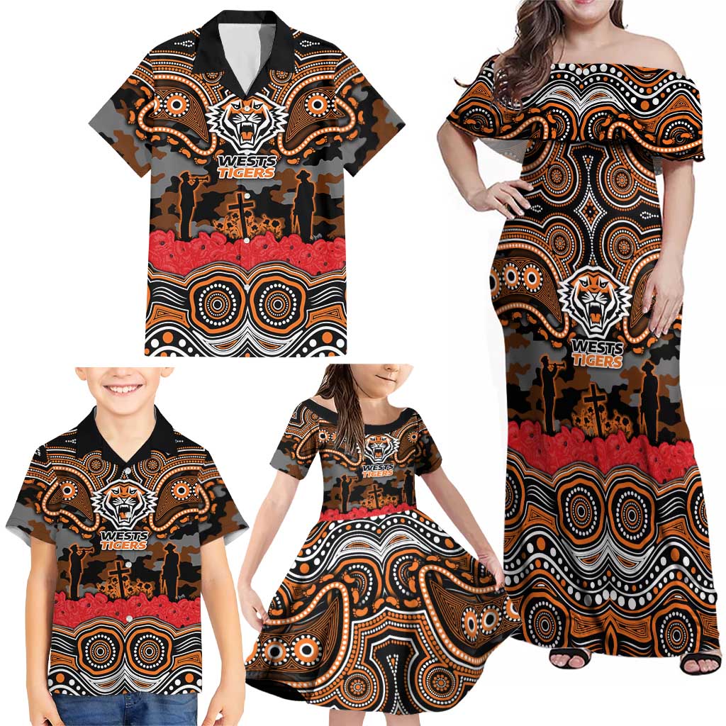 ANZAC Day Wests Tigers Family Matching Off Shoulder Maxi Dress and Hawaiian Shirt Military Memorial Aboriginal Indigenous Art
