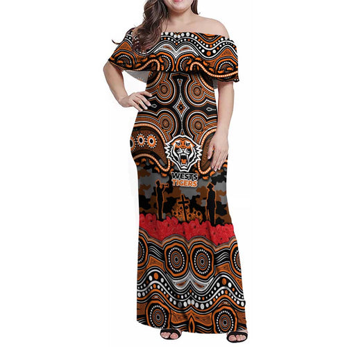 ANZAC Day Wests Tigers Family Matching Off Shoulder Maxi Dress and Hawaiian Shirt Military Memorial Aboriginal Indigenous Art