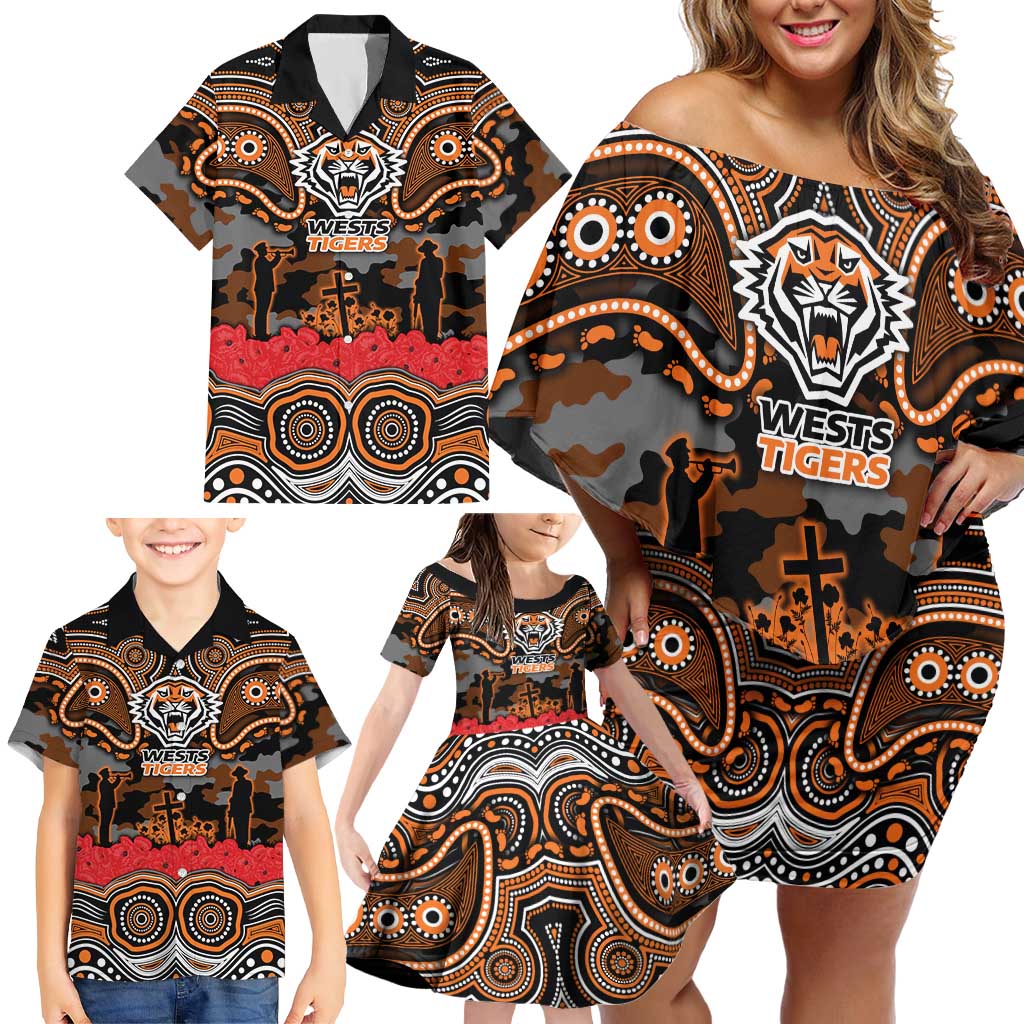 ANZAC Day Wests Tigers Family Matching Off Shoulder Short Dress and Hawaiian Shirt Military Memorial Aboriginal Indigenous Art