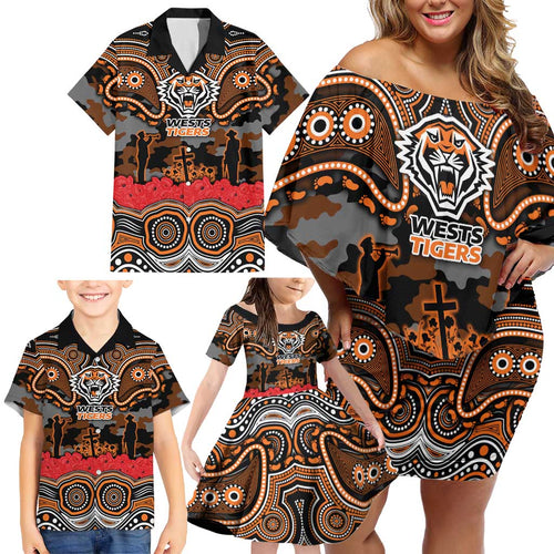 ANZAC Day Wests Tigers Family Matching Off Shoulder Short Dress and Hawaiian Shirt Military Memorial Aboriginal Indigenous Art