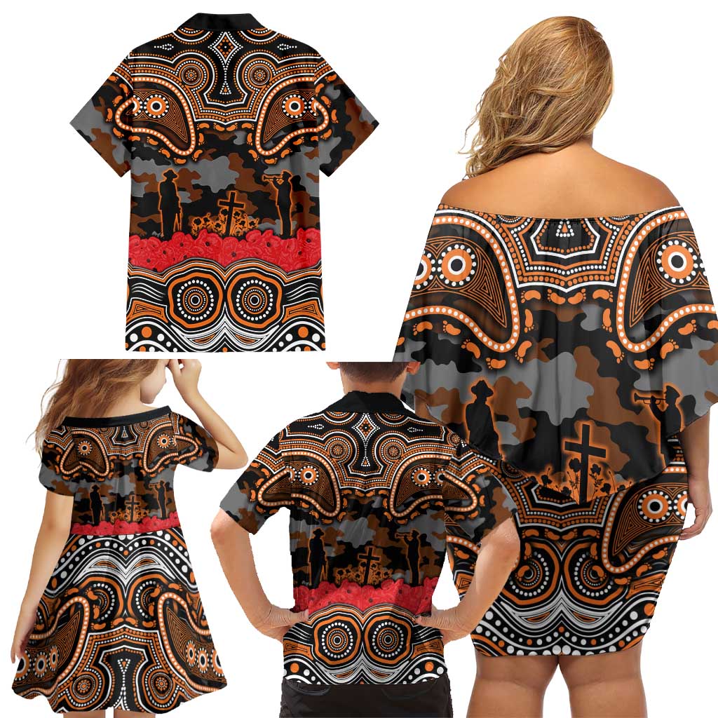 ANZAC Day Wests Tigers Family Matching Off Shoulder Short Dress and Hawaiian Shirt Military Memorial Aboriginal Indigenous Art