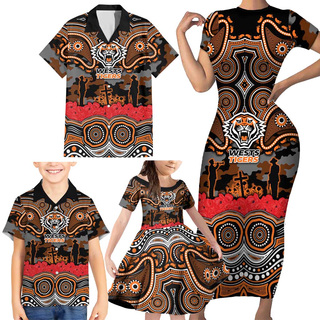 ANZAC Day Wests Tigers Family Matching Short Sleeve Bodycon Dress and Hawaiian Shirt Military Memorial Aboriginal Indigenous Art