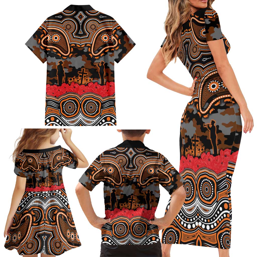 ANZAC Day Wests Tigers Family Matching Short Sleeve Bodycon Dress and Hawaiian Shirt Military Memorial Aboriginal Indigenous Art