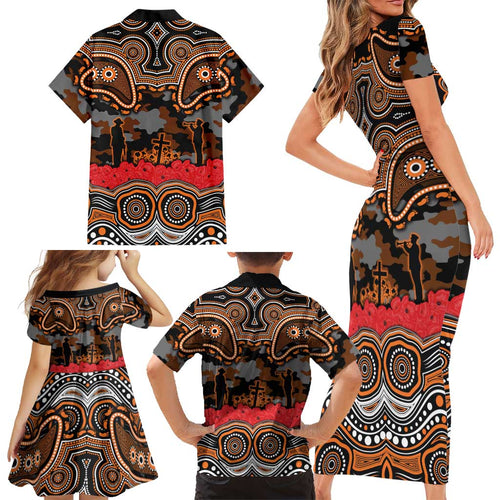 ANZAC Day Wests Tigers Family Matching Short Sleeve Bodycon Dress and Hawaiian Shirt Military Memorial Aboriginal Indigenous Art
