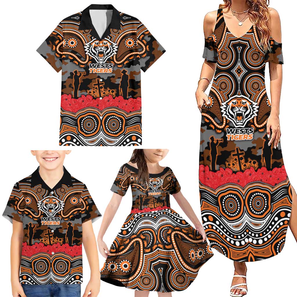 ANZAC Day Wests Tigers Family Matching Summer Maxi Dress and Hawaiian Shirt Military Memorial Aboriginal Indigenous Art