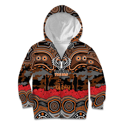 ANZAC Day Wests Tigers Kid Hoodie Military Memorial Aboriginal Indigenous Art