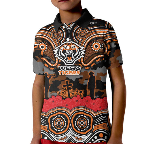 ANZAC Day Wests Tigers Kid Polo Shirt Military Memorial Aboriginal Indigenous Art