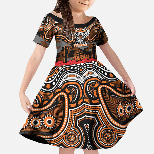 ANZAC Day Wests Tigers Kid Short Sleeve Dress Military Memorial Aboriginal Indigenous Art