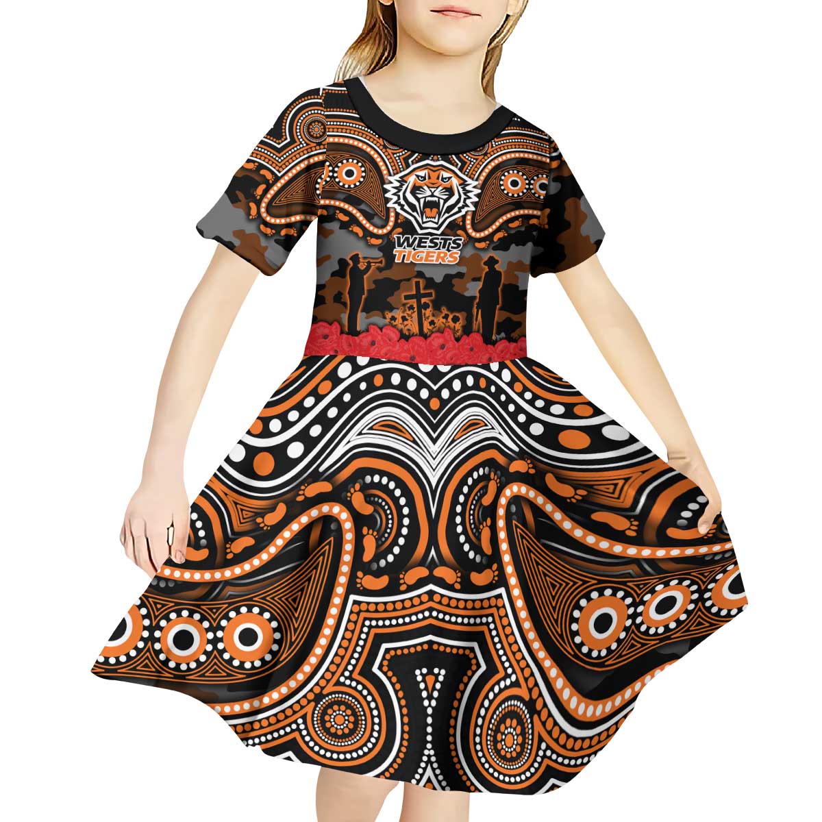 ANZAC Day Wests Tigers Kid Short Sleeve Dress Military Memorial Aboriginal Indigenous Art