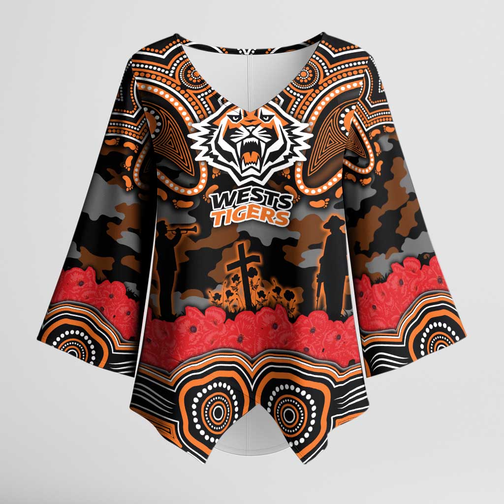 ANZAC Day Wests Tigers Kimono Sleeve Blouse Military Memorial Aboriginal Indigenous Art