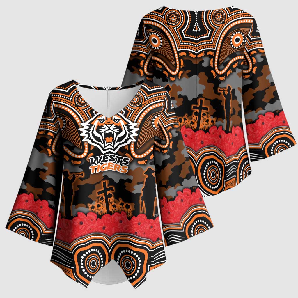 ANZAC Day Wests Tigers Kimono Sleeve Blouse Military Memorial Aboriginal Indigenous Art