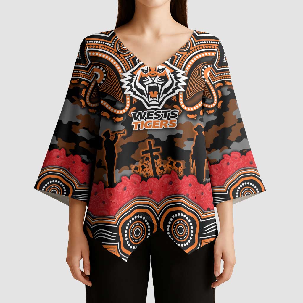 ANZAC Day Wests Tigers Kimono Sleeve Blouse Military Memorial Aboriginal Indigenous Art
