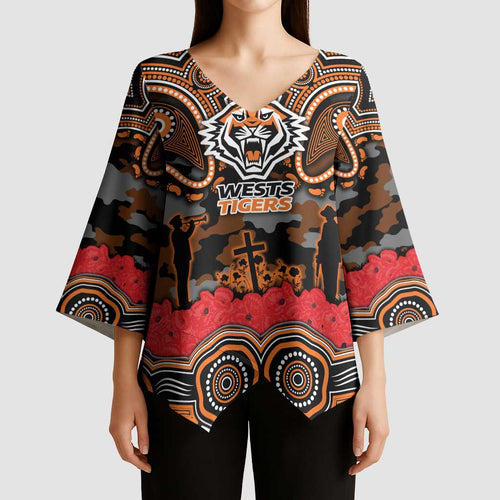ANZAC Day Wests Tigers Kimono Sleeve Blouse Military Memorial Aboriginal Indigenous Art