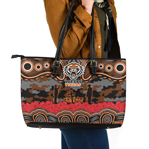 ANZAC Day Wests Tigers Leather Tote Bag Military Memorial Aboriginal Indigenous Art