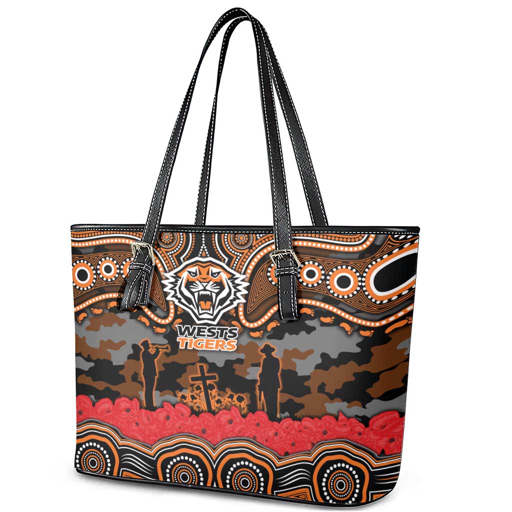 ANZAC Day Wests Tigers Leather Tote Bag Military Memorial Aboriginal Indigenous Art