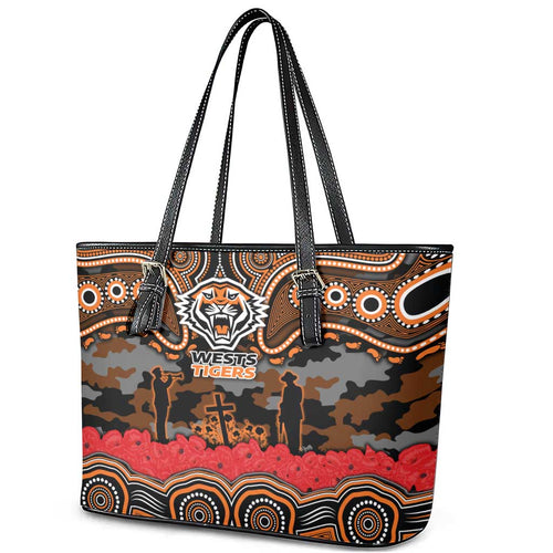 ANZAC Day Wests Tigers Leather Tote Bag Military Memorial Aboriginal Indigenous Art