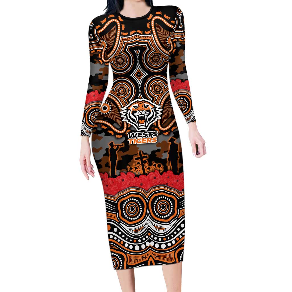 ANZAC Day Wests Tigers Long Sleeve Bodycon Dress Military Memorial Aboriginal Indigenous Art