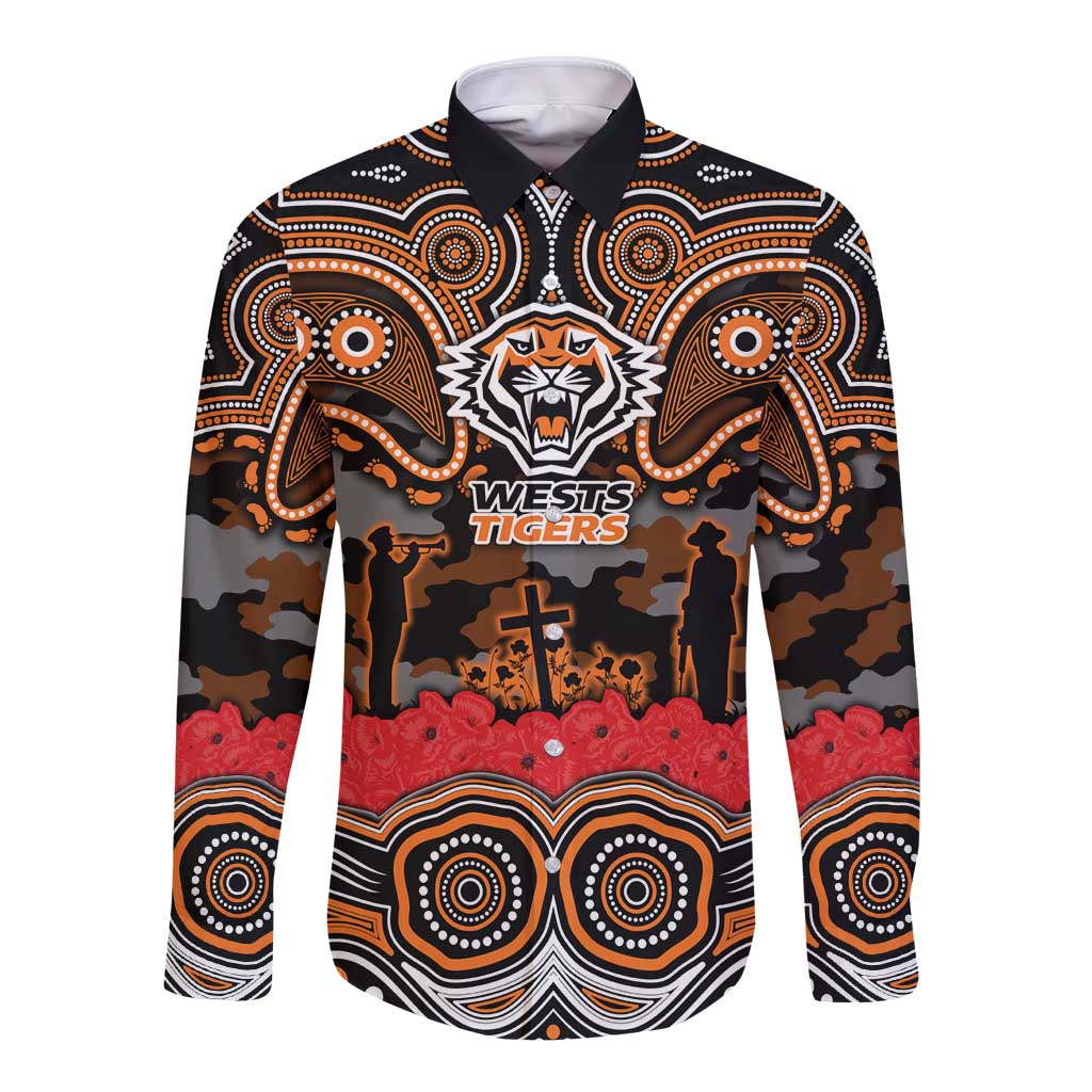 ANZAC Day Wests Tigers Long Sleeve Button Shirt Military Memorial Aboriginal Indigenous Art