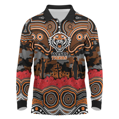 ANZAC Day Wests Tigers Long Sleeve Polo Shirt Military Memorial Aboriginal Indigenous Art