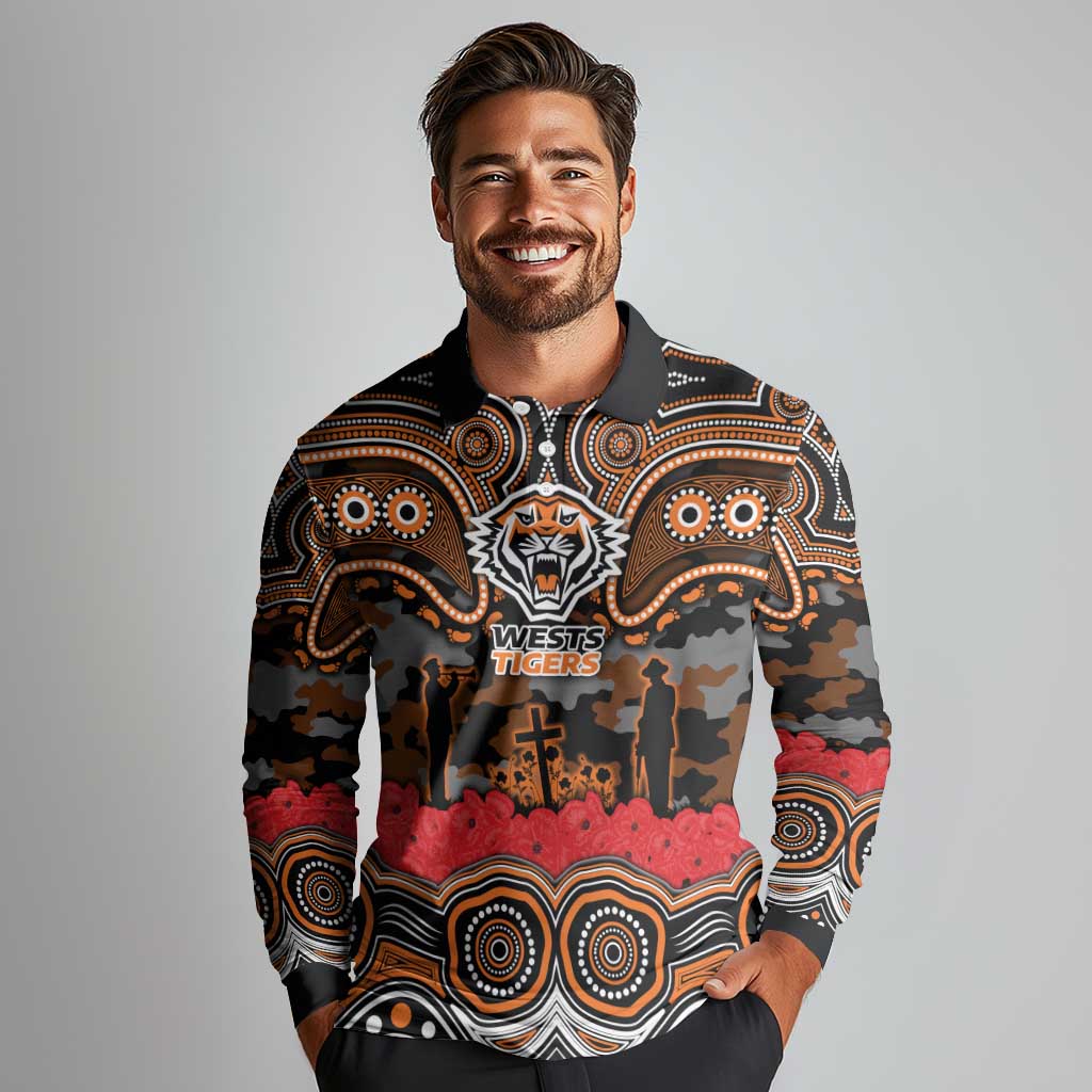 ANZAC Day Wests Tigers Long Sleeve Polo Shirt Military Memorial Aboriginal Indigenous Art