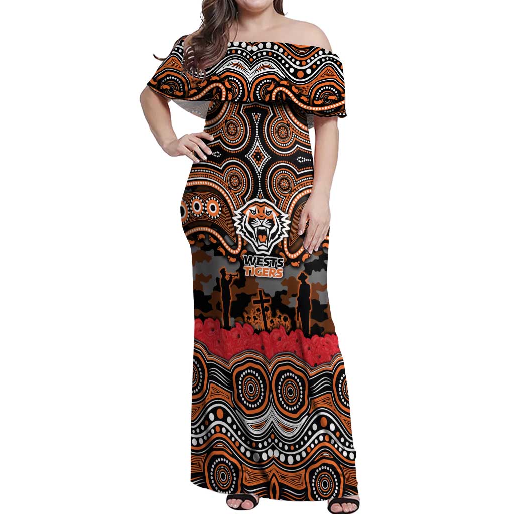 ANZAC Day Wests Tigers Off Shoulder Maxi Dress Military Memorial Aboriginal Indigenous Art