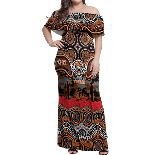 ANZAC Day Wests Tigers Off Shoulder Maxi Dress Military Memorial Aboriginal Indigenous Art