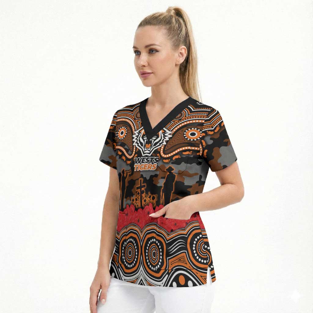 ANZAC Day Wests Tigers Scrub Top Military Memorial Aboriginal Indigenous Art