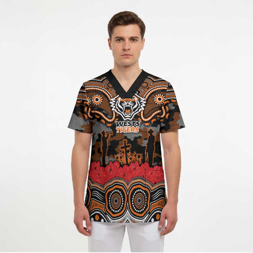 ANZAC Day Wests Tigers Scrub Top Military Memorial Aboriginal Indigenous Art