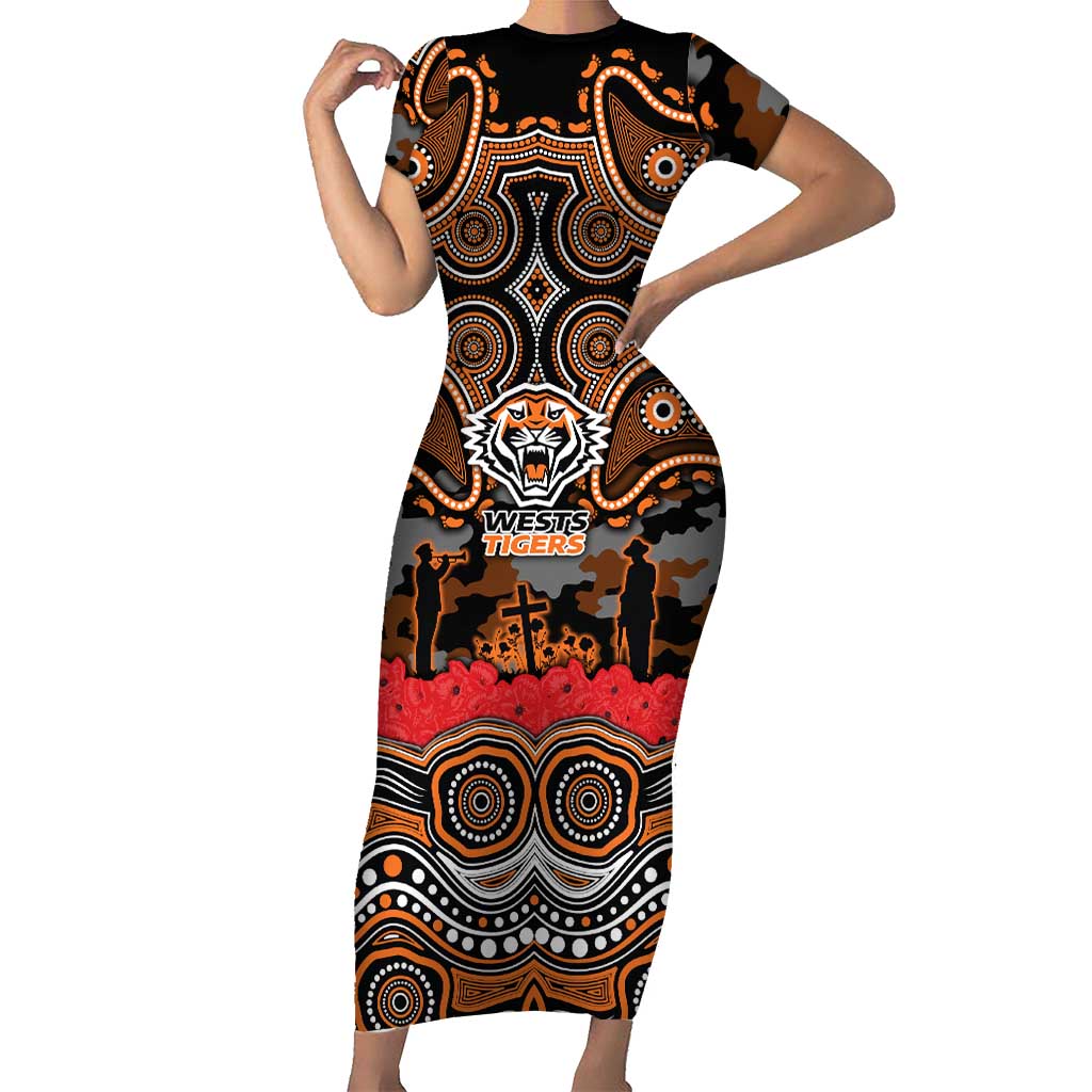 ANZAC Day Wests Tigers Short Sleeve Bodycon Dress Military Memorial Aboriginal Indigenous Art