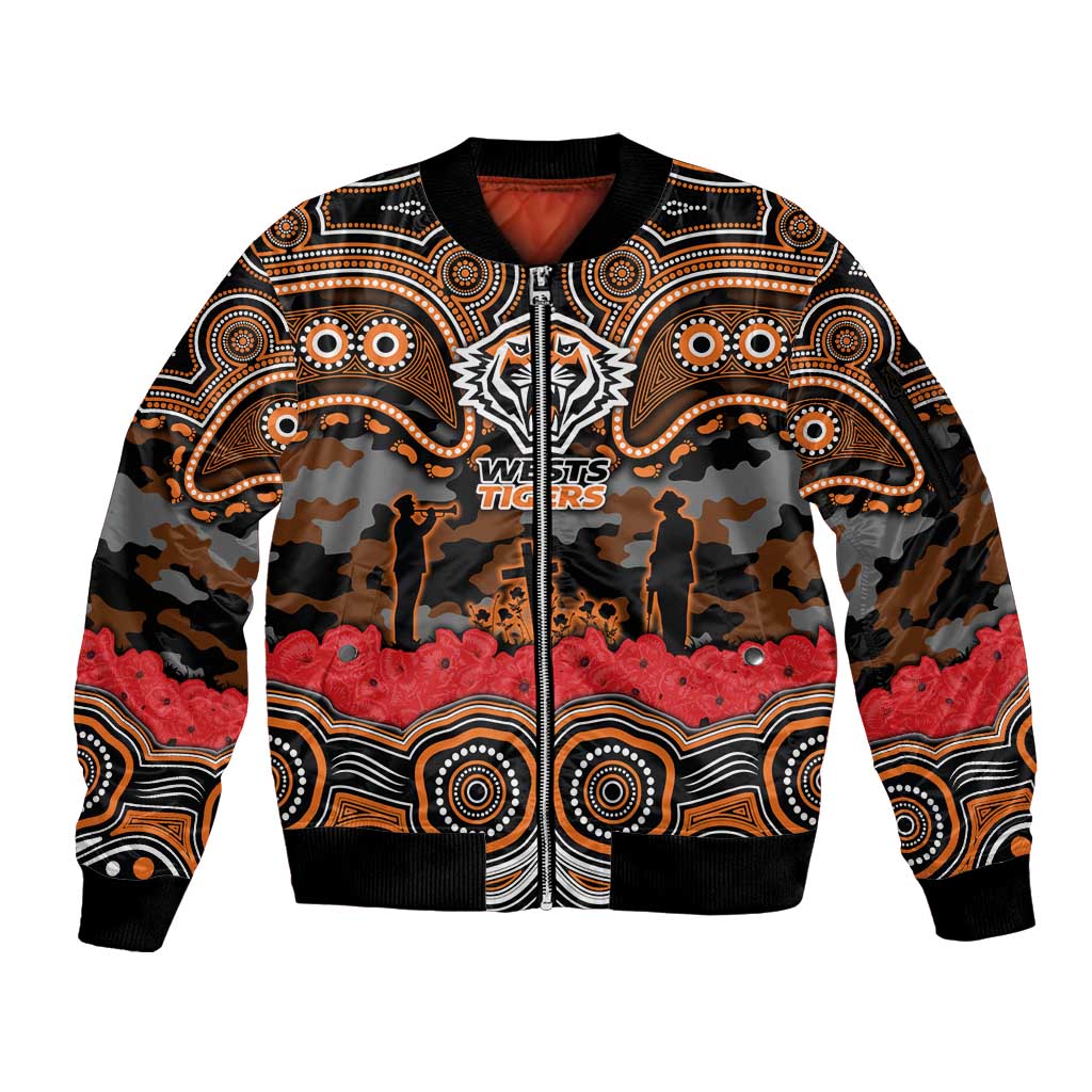 ANZAC Day Wests Tigers Sleeve Zip Bomber Jacket Military Memorial Aboriginal Indigenous Art