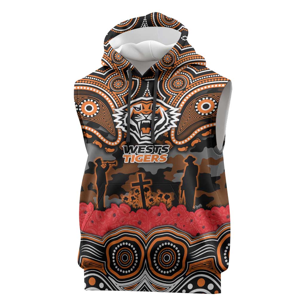 ANZAC Day Wests Tigers Sleeveless Hoodie Military Memorial Aboriginal Indigenous Art