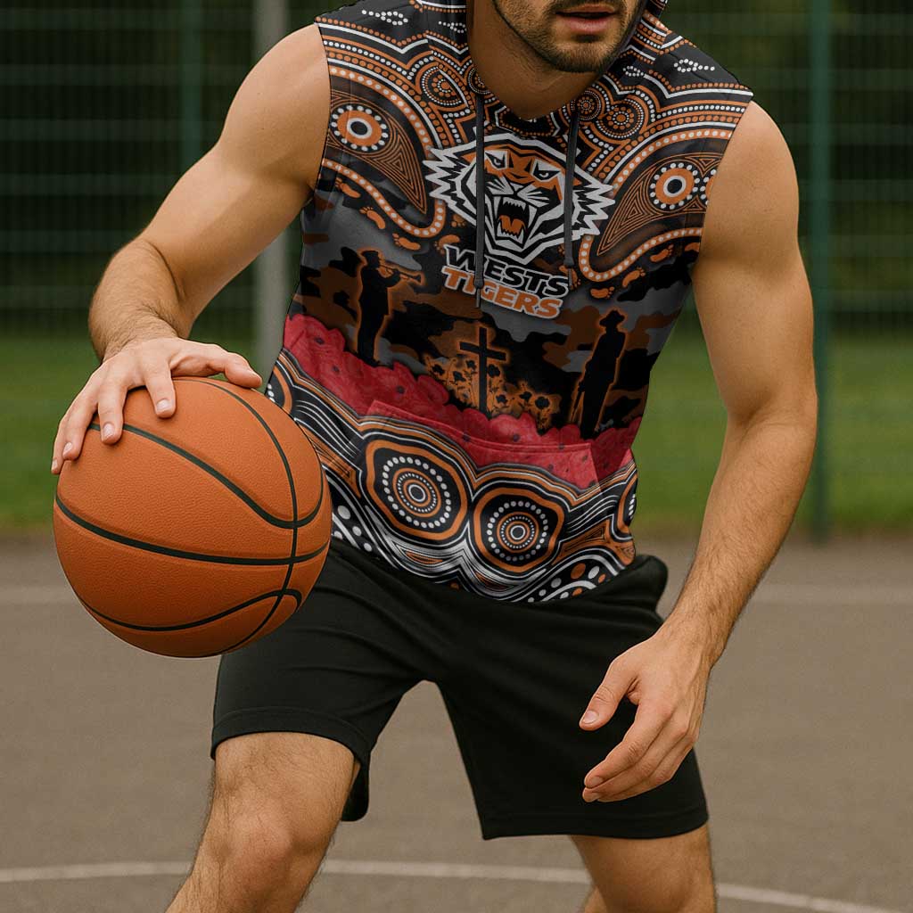 ANZAC Day Wests Tigers Sleeveless Hoodie Military Memorial Aboriginal Indigenous Art