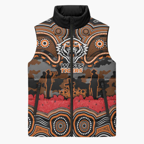 ANZAC Day Wests Tigers Sleeveless Puffer Jacket Military Memorial Aboriginal Indigenous Art