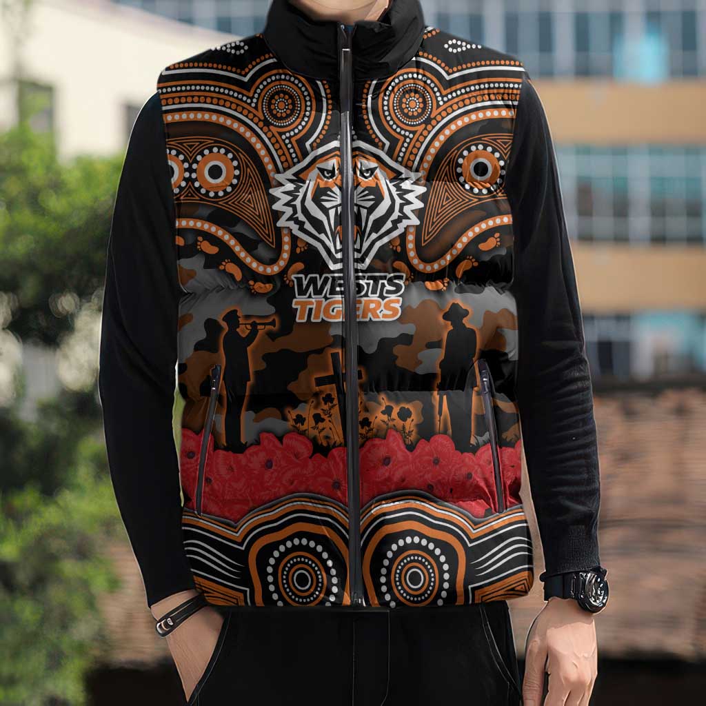 ANZAC Day Wests Tigers Sleeveless Puffer Jacket Military Memorial Aboriginal Indigenous Art