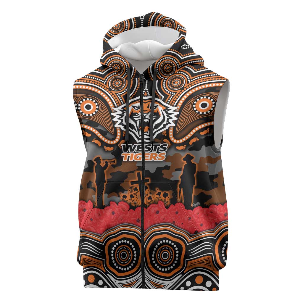ANZAC Day Wests Tigers Sleeveless Zip Hoodie Military Memorial Aboriginal Indigenous Art