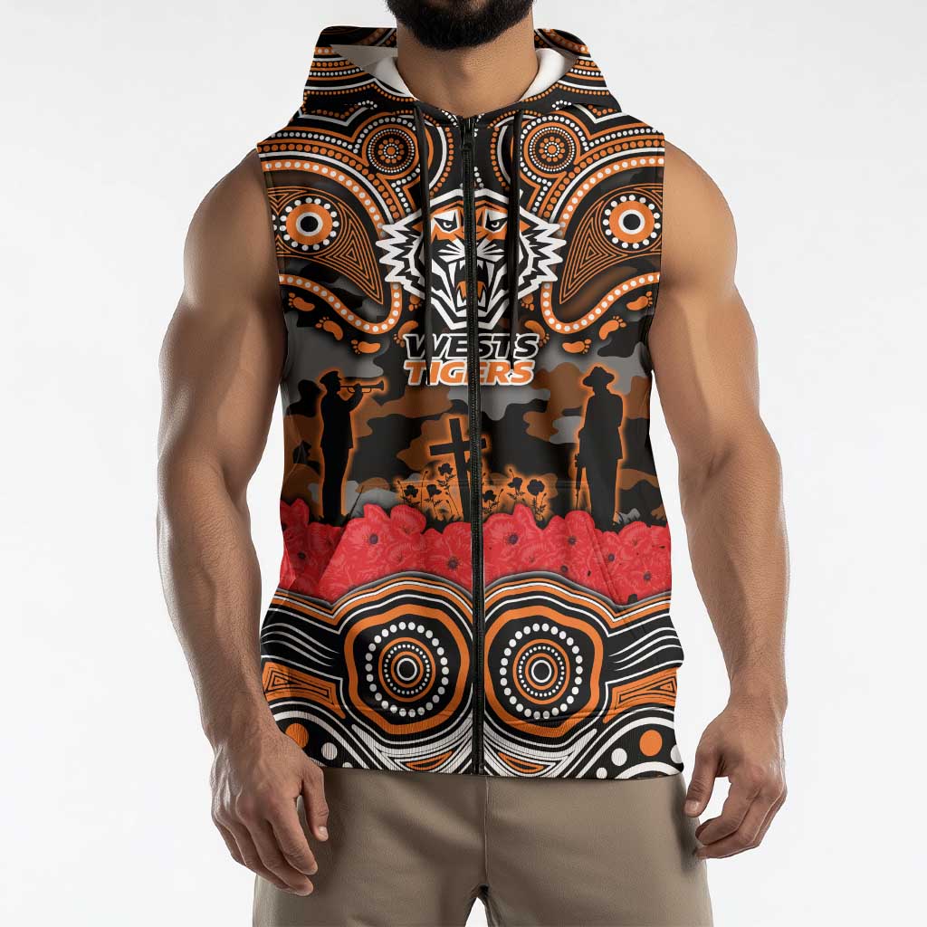 ANZAC Day Wests Tigers Sleeveless Zip Hoodie Military Memorial Aboriginal Indigenous Art
