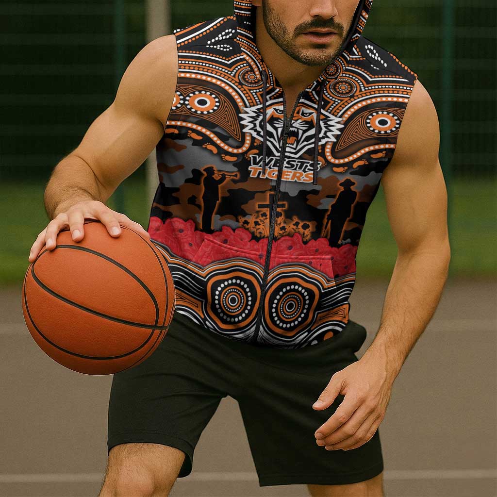 ANZAC Day Wests Tigers Sleeveless Zip Hoodie Military Memorial Aboriginal Indigenous Art