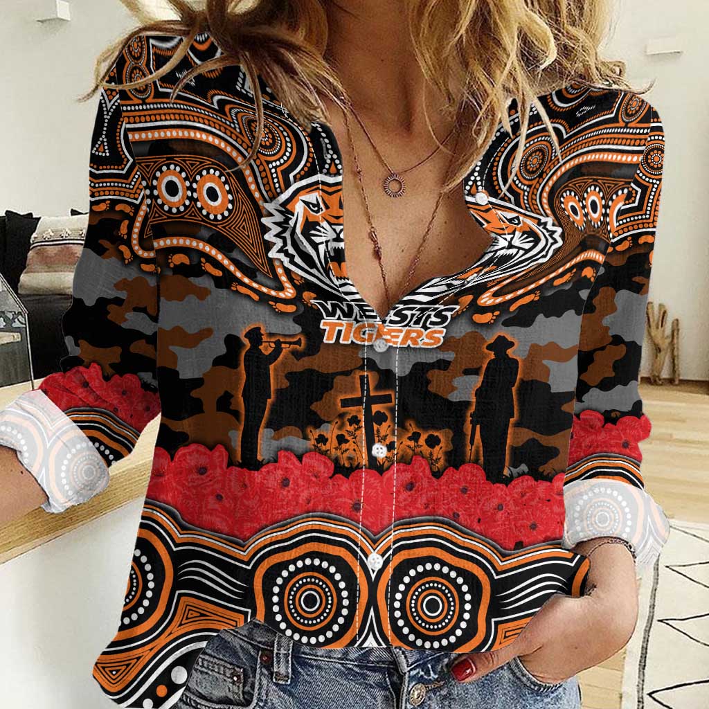 ANZAC Day Wests Tigers Women Casual Shirt Military Memorial Aboriginal Indigenous Art