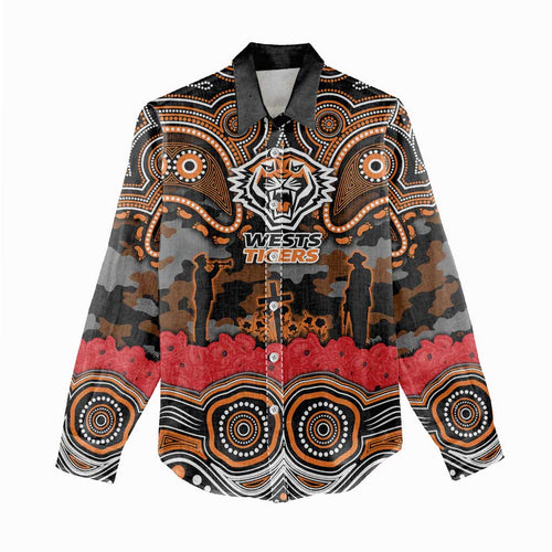 ANZAC Day Wests Tigers Women Casual Shirt Military Memorial Aboriginal Indigenous Art
