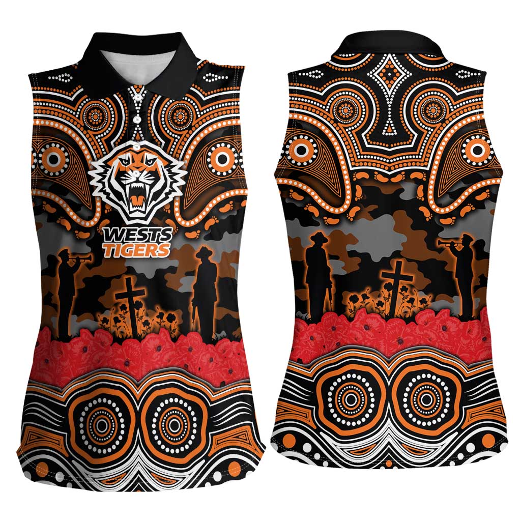 ANZAC Day Wests Tigers Women Sleeveless Polo Shirt Military Memorial Aboriginal Indigenous Art