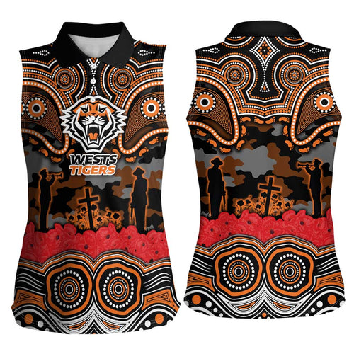 ANZAC Day Wests Tigers Women Sleeveless Polo Shirt Military Memorial Aboriginal Indigenous Art
