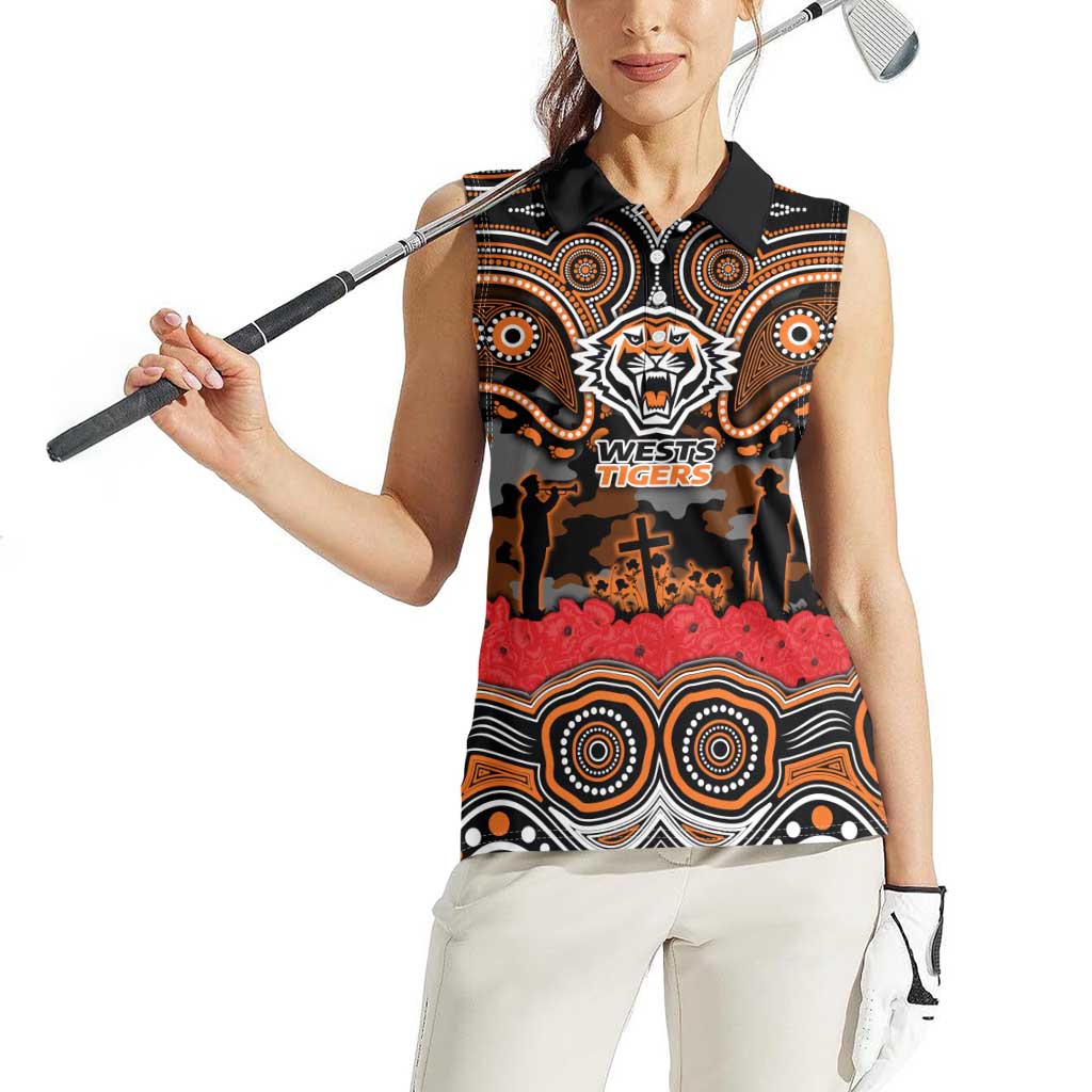 ANZAC Day Wests Tigers Women Sleeveless Polo Shirt Military Memorial Aboriginal Indigenous Art