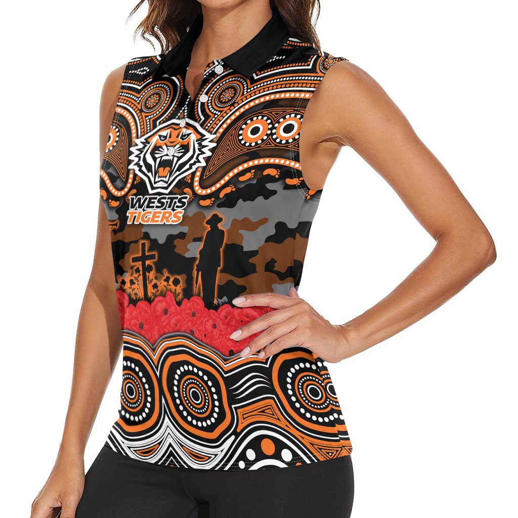 ANZAC Day Wests Tigers Women Sleeveless Polo Shirt Military Memorial Aboriginal Indigenous Art