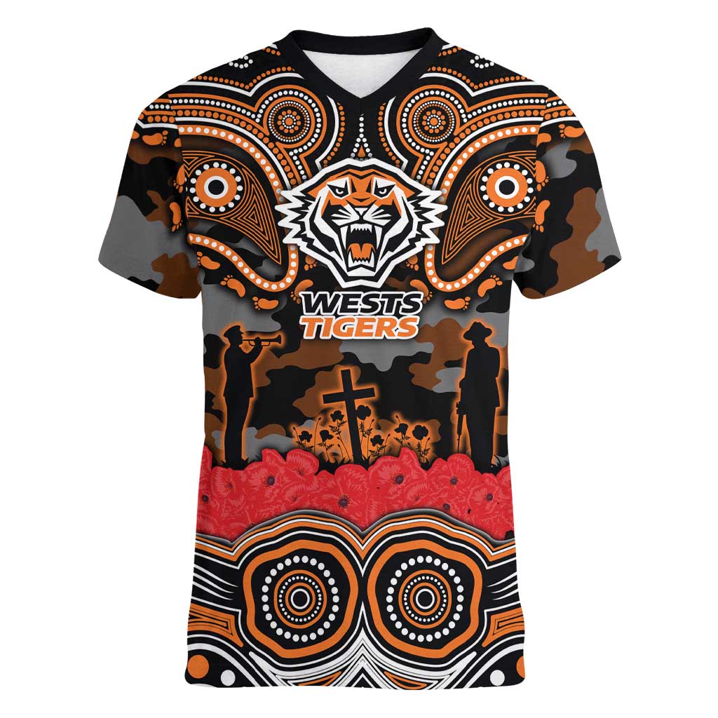 ANZAC Day Wests Tigers Women V-Neck T-Shirt Military Memorial Aboriginal Indigenous Art