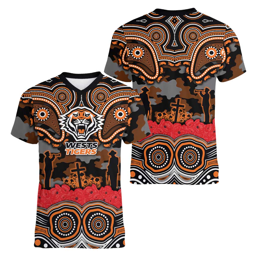 ANZAC Day Wests Tigers Women V-Neck T-Shirt Military Memorial Aboriginal Indigenous Art