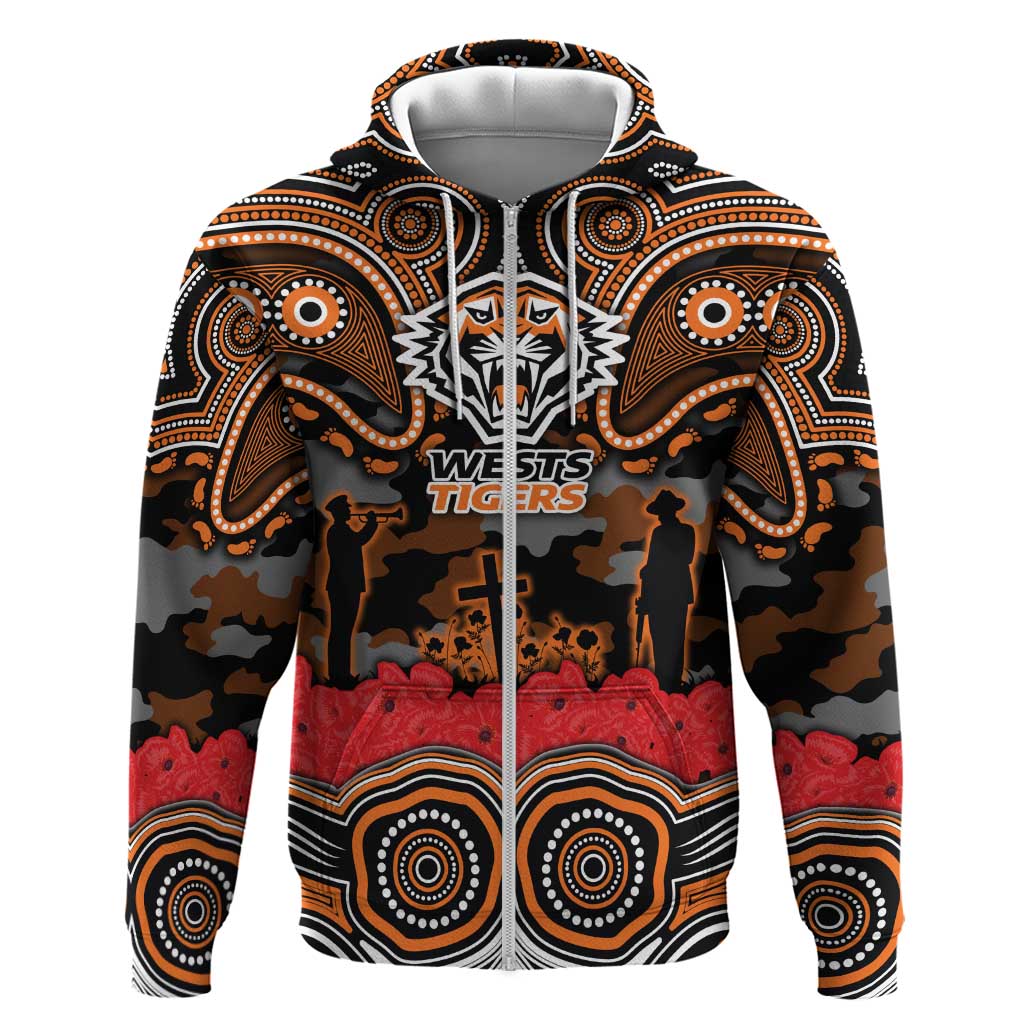 ANZAC Day Wests Tigers Zip Hoodie Military Memorial Aboriginal Indigenous Art