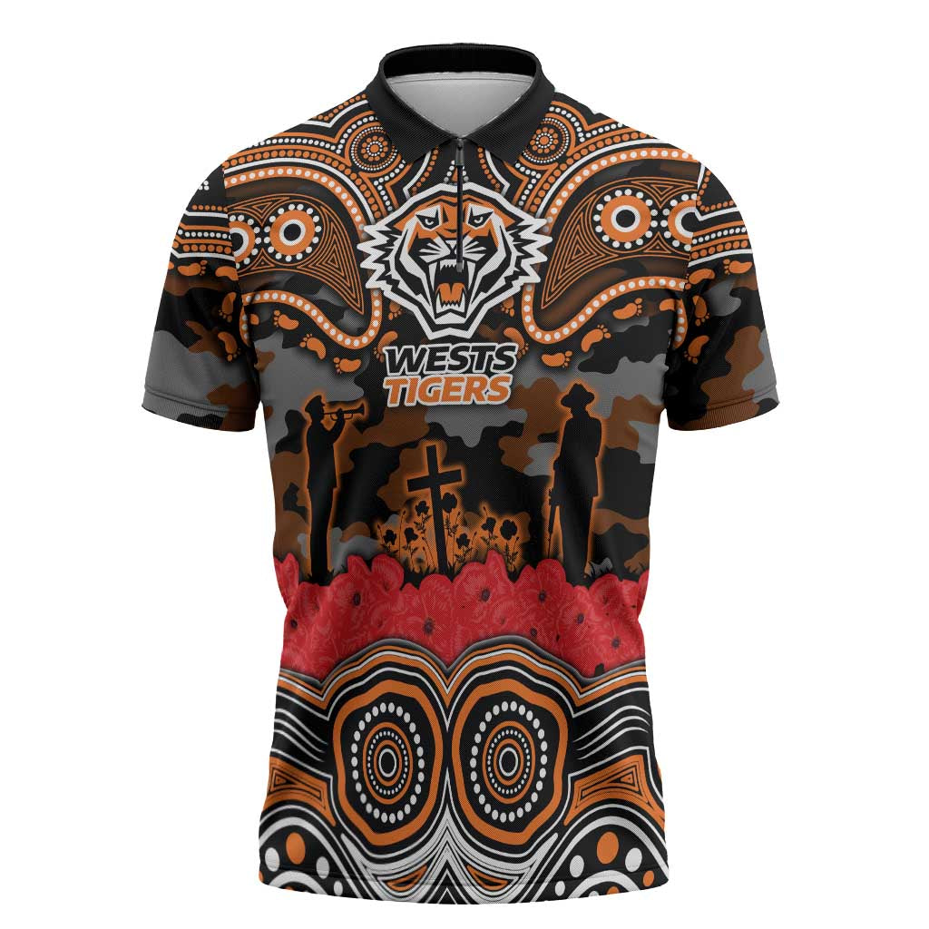 ANZAC Day Wests Tigers Zipper Polo Shirt Military Memorial Aboriginal Indigenous Art