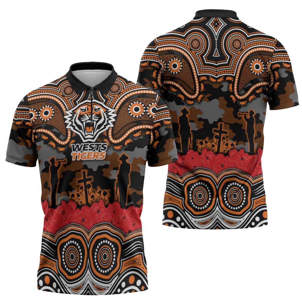 ANZAC Day Wests Tigers Zipper Polo Shirt Military Memorial Aboriginal Indigenous Art