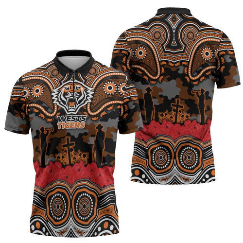 ANZAC Day Wests Tigers Zipper Polo Shirt Military Memorial Aboriginal Indigenous Art