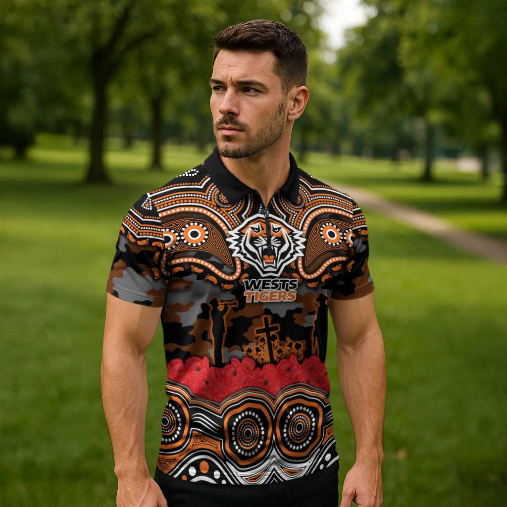 ANZAC Day Wests Tigers Zipper Polo Shirt Military Memorial Aboriginal Indigenous Art